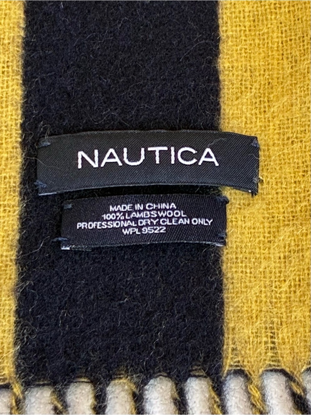 Nautica 100% Lambswool Scarf Navy Blue Yellow Striped Fringed 66” X 11.6 Inches - Picture 2 of 5